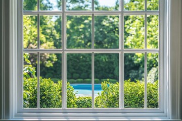 Naklejka premium Interior window view of lush garden and pool