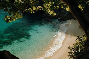 Tropical beach cove, waves crashing, lush foliage canopy, serene scene