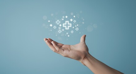Hand Holding Glowing Plus Signs Representing Health, Care and Positive Impact