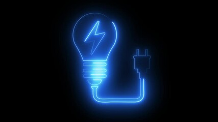 Neon electric bulb icon animation. Glowing light bulb symbol animation on black background.