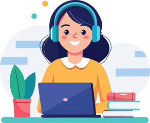 woman in headphones, studying at laptop. Happy female student watching business webinar. Video conference call, remote work communication. Flat vector illustration isolated on white background