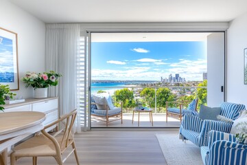 Naklejka premium Coastal apartment living room with ocean view