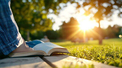 Person reading book outdoors at sunset in park; peaceful relaxation scene. Ideal for education, leisure, and well-being themes