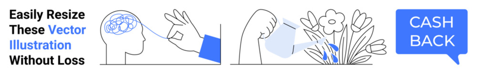 Hand creating ideas in brain, arm watering flowers, cash back text. Ideal for creativity, growth, development, rewards, brainstorming nurture self-improvement. Flat landing page banner