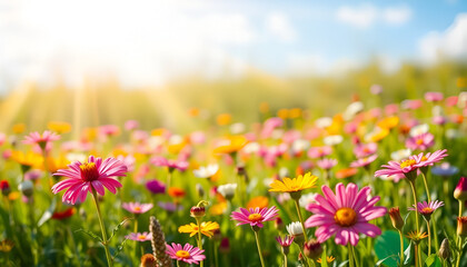 Fototapeta premium Vibrant Wildflower Meadow BackgroundColorful Summer Meadow with SunbeamsColorful Summer Meadow with Sunbeams