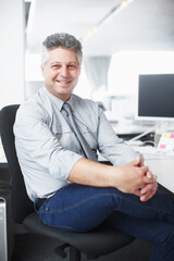 Portrait, businessman and mature in office for bookkeeping, financial project and happiness....