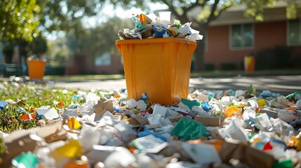 Overflowing Trash Bin Surrounded by Litter in Schoolyard