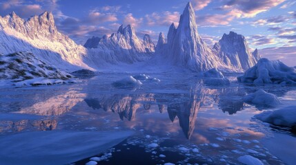 Obraz premium Frozen mountain peaks reflecting in a calm icy lake. Majestic snowy landscape.