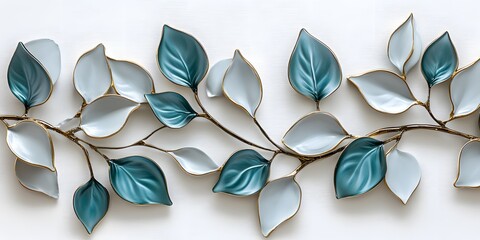 Elegant Teal And White Leaf Branch Wall Decor