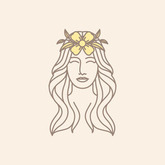 women long hair with flower head logo design vector illustration template