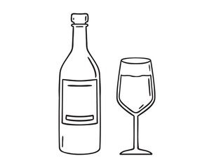 Wine bottle and wine glass doodle hand drawn icon. Outline drawing wine bottle and wine glass line clipart symbol