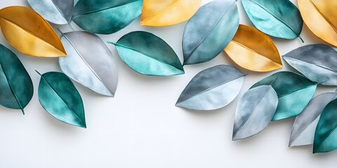 Metallic leaves arranged on a white background