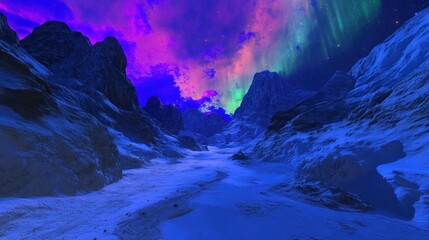 Fototapeta premium Frozen valley, vibrant aurora borealis, dramatic mountain range.
