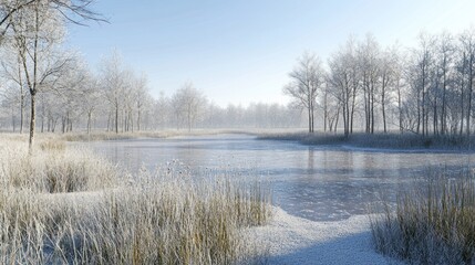 Frozen winter landscape with frosted trees and ice-covered pond.