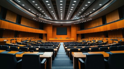 A legislative hall with lawmakers debating gun control laws. Featuring public safety and policy reform