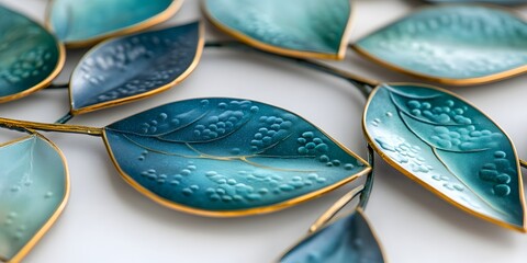 Teal leaf shaped decorative wall art with gold accents