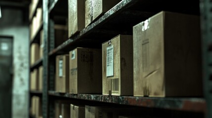 Obraz premium Full interior shot of a dark, industrial warehouse storage facility with many cardboard boxes on metal shelves.