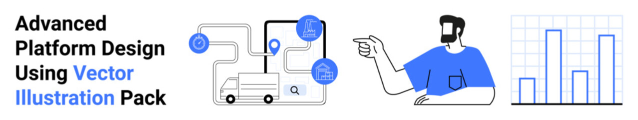 Logistics diagram with transport icons, a character pointing to a chart, and bar graph analysis. Ideal for logistics, business, interface design, technology, teamwork, education flat landing page