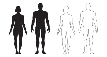 human body man and woman silhouette, male and female figure. vector monochrome isolated person outline standing full height. Outline and black people anatomy representation