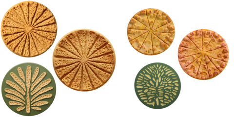 Three Circular Textured Objects Including Pizza Crust and Leaf Pattern isolated on transparent background PNG