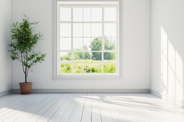 Obraz premium Empty sunlit room with large window to garden. Use for interior design, real estate
