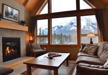 Fototapeta premium Cozy cabin living room with fireplace and mountain views