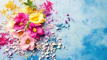 festive flat lay of flowers and Holi color powders on sky blue background