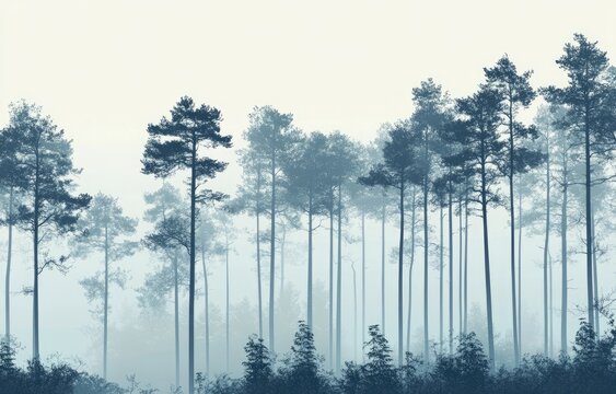 Misty forest landscape, morning light, tall pine trees, tranquil scene