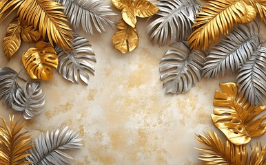 Gold and Silver Tropical Leaves Frame Background