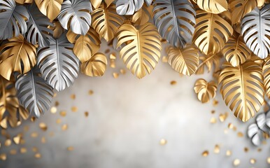 Golden and Silver Monstera Leaves Background Design