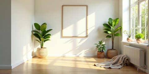 Fototapeta premium Sunlit Room Interior Design with Plants and Blank Frame