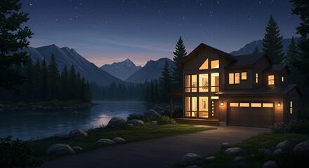 Fototapeta premium Modern House by Lake at Night with Mountains and Starry Sky