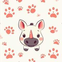 Obraz premium Cute rhinoceros face and paw print seamless pattern digital design playful environment whimsical viewpoint