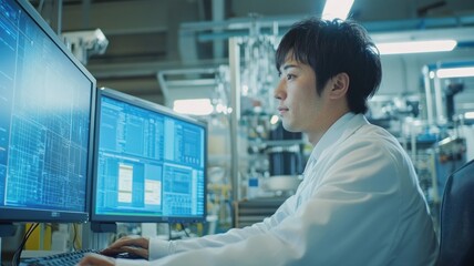 Focused software engineer working on computer code in a modern high-tech office