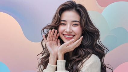 Fototapeta premium Smiling Young Woman with Long Wavy Hair Happily Enjoying a Bright and Cheerful Moment