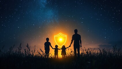 Fototapeta premium Family Silhouette Under Night Sky with Protective Shield, Showing Love and Security at Sunset.