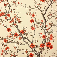 Red Flowers Blooming On Branching Trees