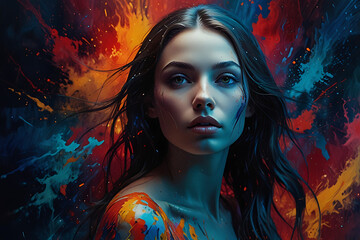 A Beautiful Woman looking at the camera with Vibrant Paint Strokes on Her Body, Standing Against a Colorful Abstract Background, AI-generated.