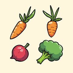 Cartoon Vegetables Carrots, Radish, and Broccoli Floret