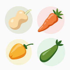 Cartoon Vegetables Butternut Squash, Carrot, Bell Pepper, and Zucchini