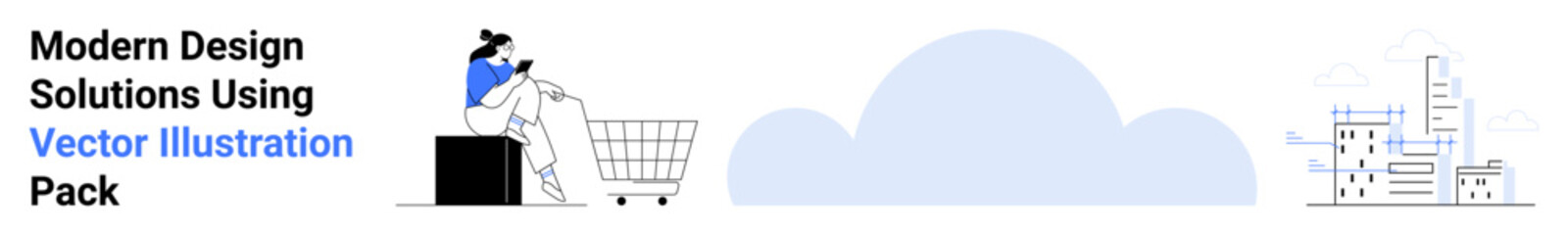 Woman sitting on a shopping cart browsing on a laptop, modern building outlines, and cloud elements. Ideal for e-commerce, technology, urban living, innovation, creativity, marketing flat landing