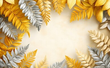 Golden and Silver Leaves Frame a Beige Background