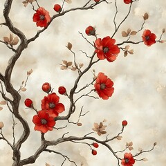 Red Blossoms Flourish On Twisted Branches Against A Beige Background