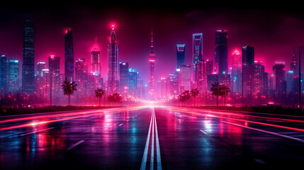 A futuristic city skyline with digital network pathways, lines connecting in a global communication system. Symbolizing smart city infrastructure, advanced tech, and data flow in a modern, abstract fu