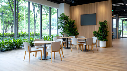 Obraz premium Modern office lounge with greenery, tables, chairs