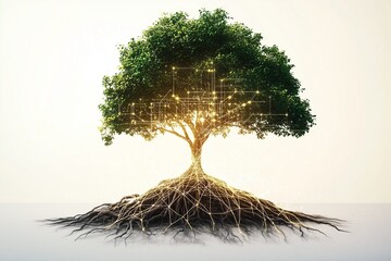 A tree with vibrant green foliage and glowing digital roots, representing the fusion of technology and nature