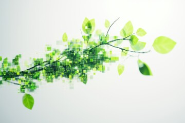 A surreal green branch dissolving into tiny digital particles, symbolizing the connection between nature and data