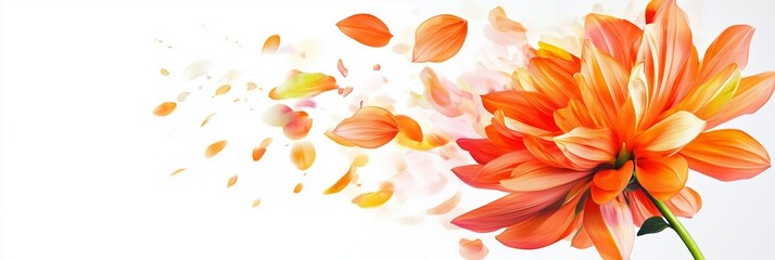 A vibrant orange flower with scattered petals floating in the air, set against a clean white background