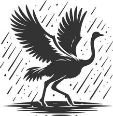 Ostrich spreading its wings in the rain animal vector silhouette
