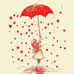 Girl Under Red Umbrella In Heart Shaped Rain